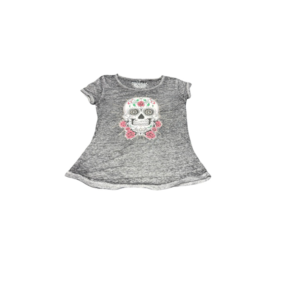 Girls Rocker Girl Gray Sugar Skull Short Sleeve Tee M #884